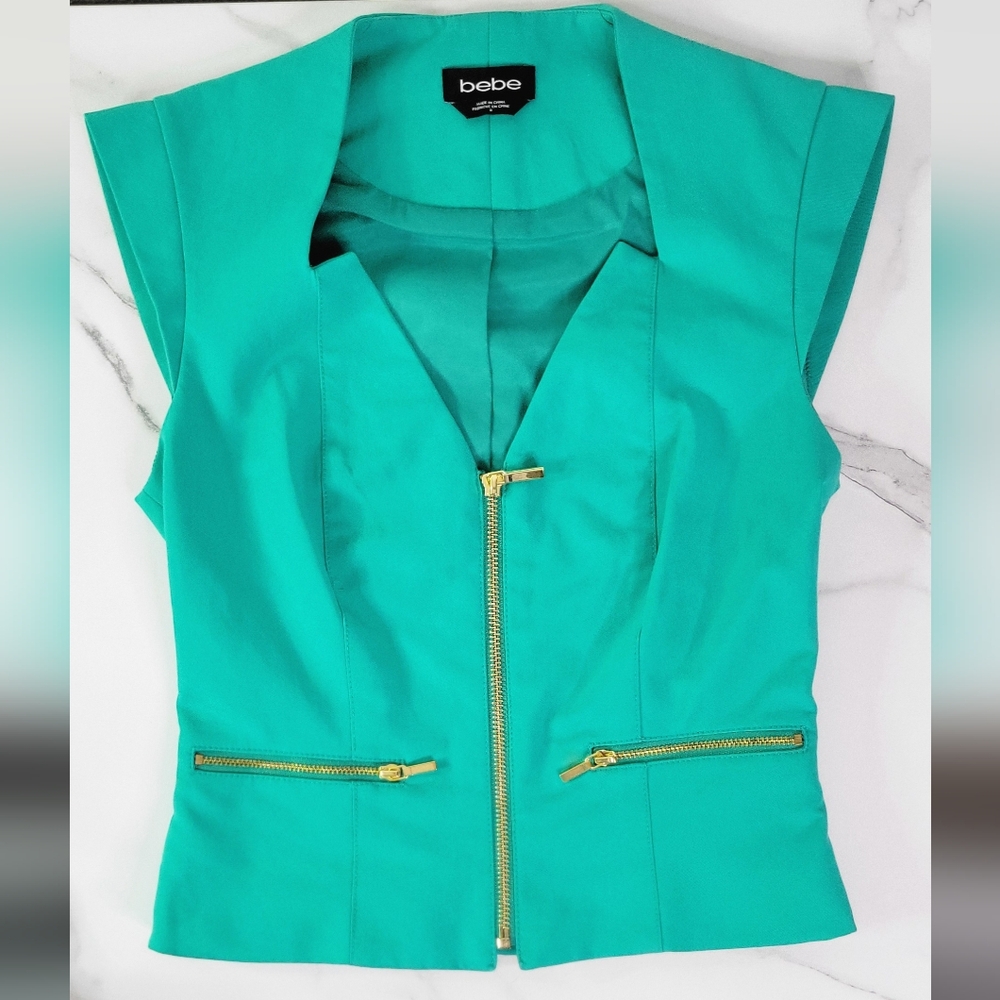 Bebe Structured V-Neck Vest Top With Gold Zippers & Functional Pockets - SIZE 0